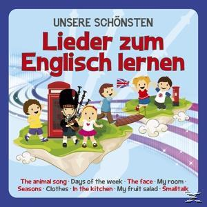 Albumcover mit Cartoon-Kindern, Text 'Lieder zum Englisch lernen'.
