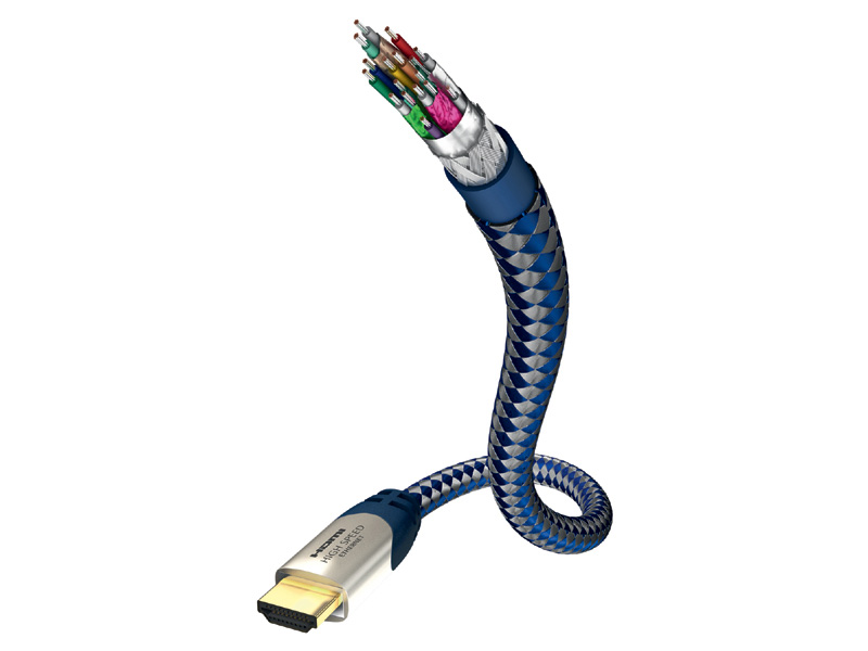 Un câble HDMI bleu et argent avec des fils colorés exposés à l'extrémité.