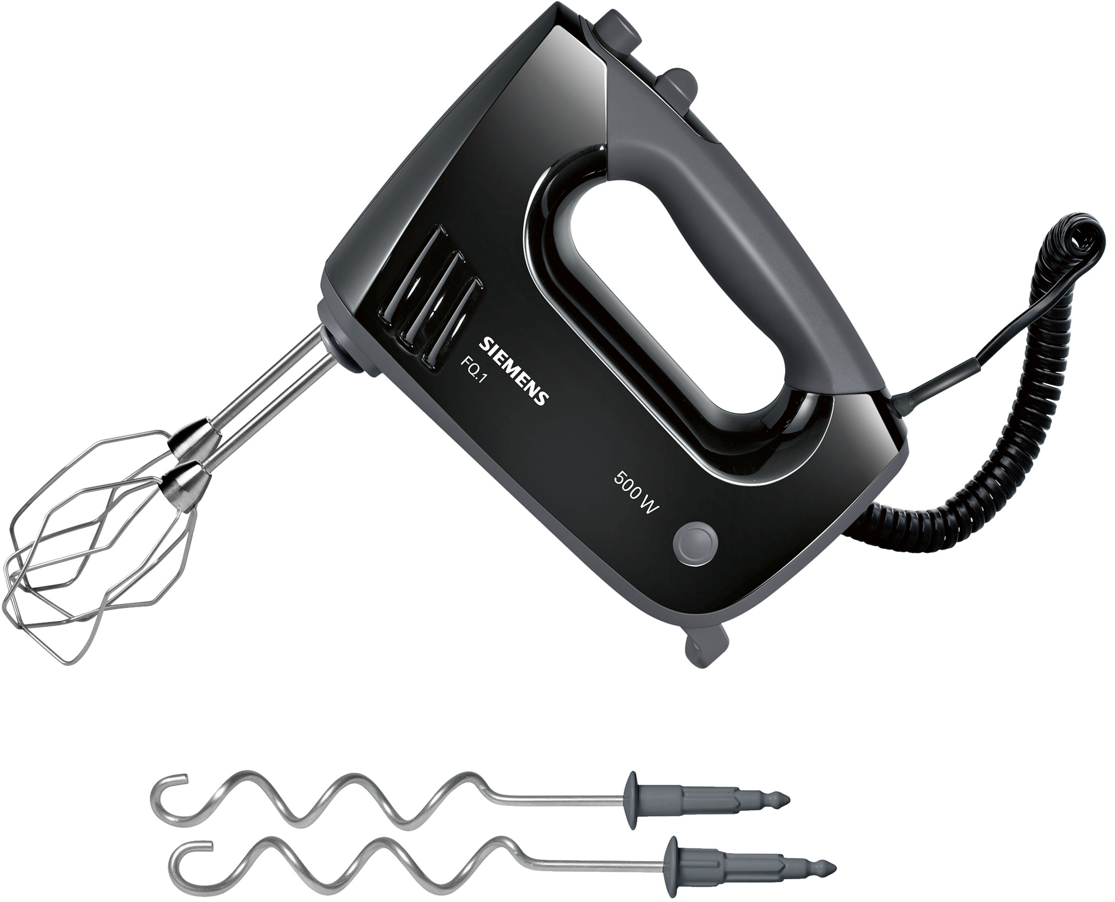 Schwarzer Handmixer mit zwei Rührbesen und einem separaten Satz. Schwarze und silberne Farben.