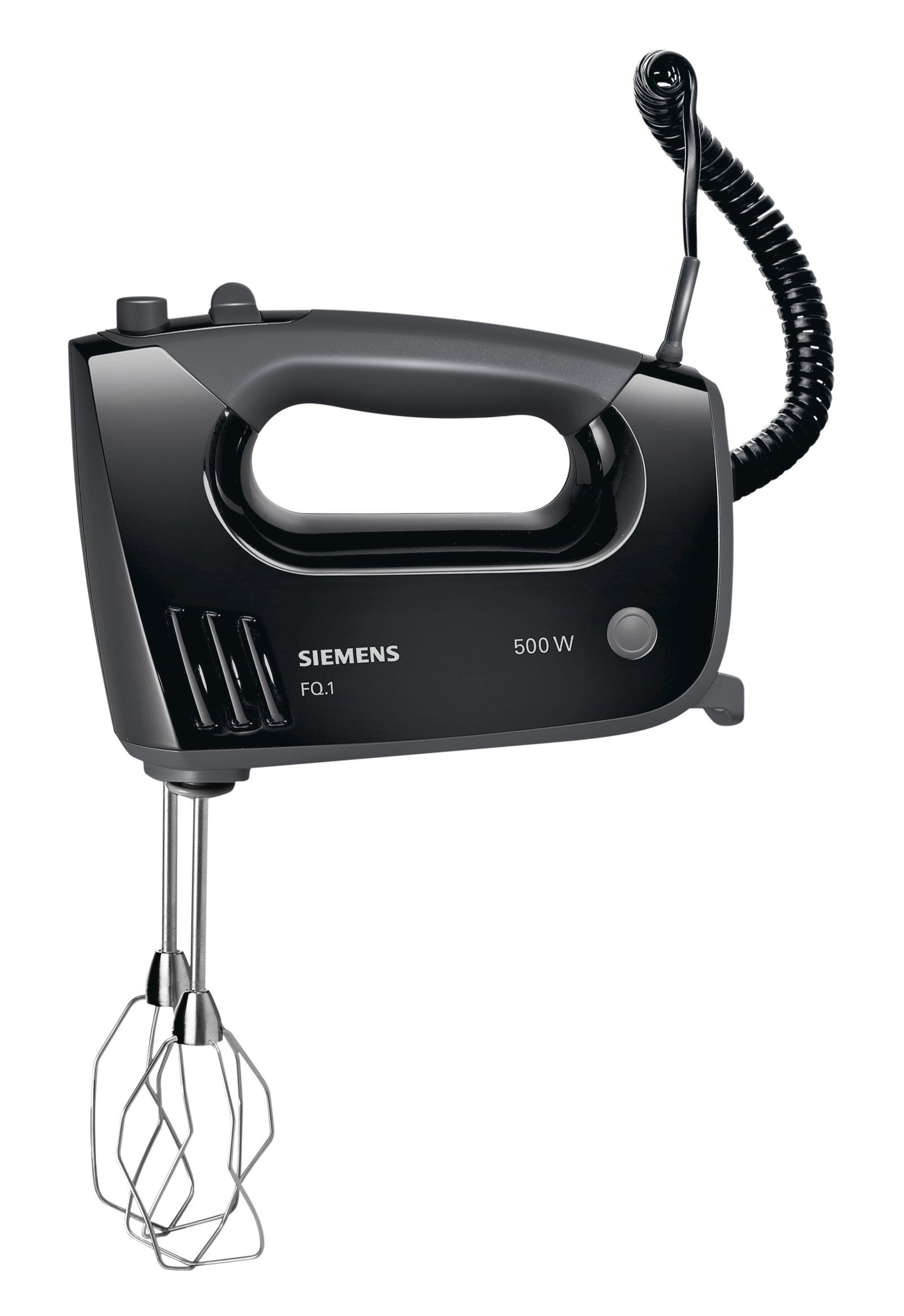 Ein schwarzer Handmixer mit Spiralkabel und der Marke 'Siemens'. Der Mixer hat eine 500W Markierung.