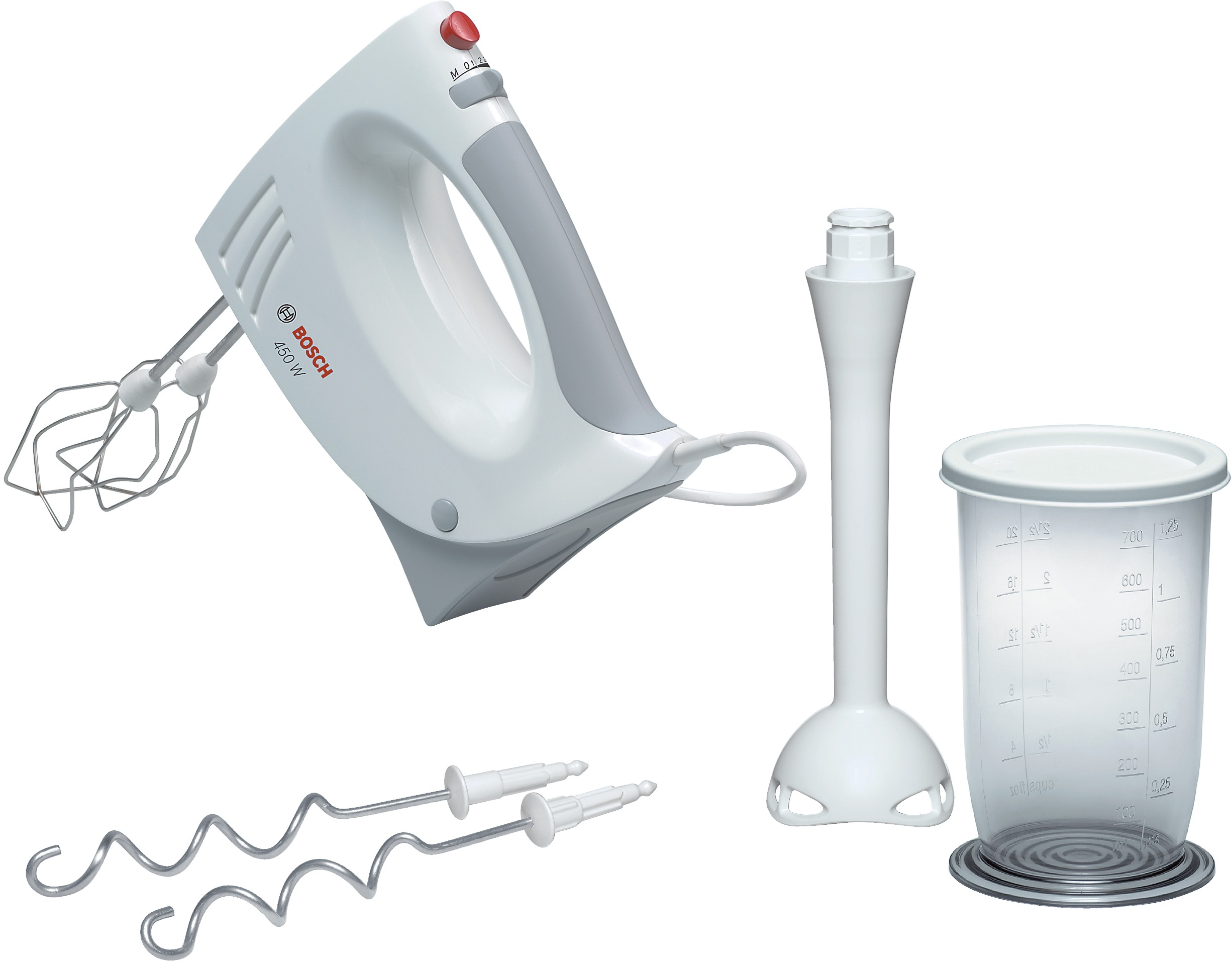 Mixeur plongeant Bosch blanc et gris avec accessoires et un verre doseur.