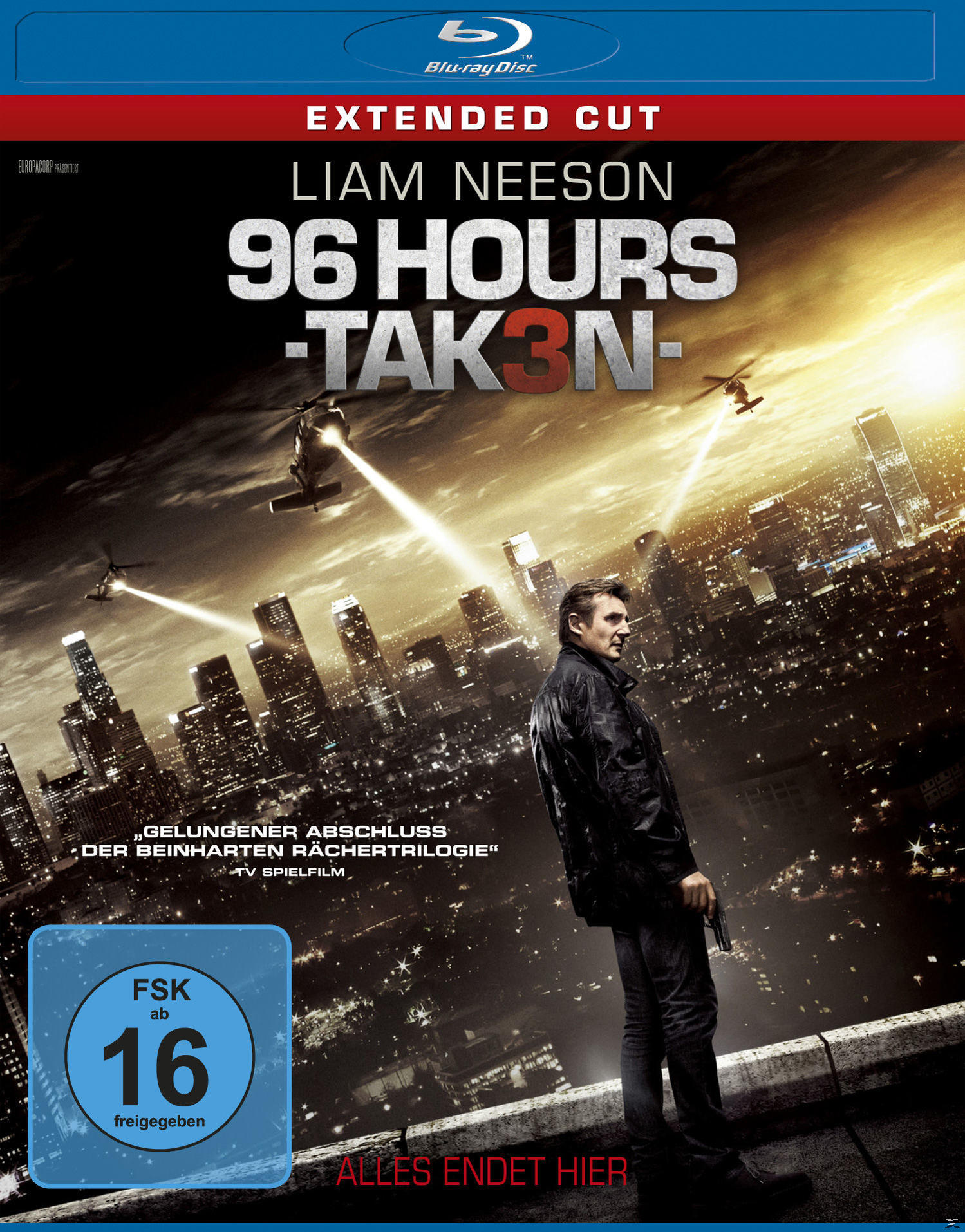Filmposter für "96 Hours - Taken 3". Liam Neeson auf einem Dach, Stadt im Hintergrund, Hubschrauber. FSK 16 Logo.