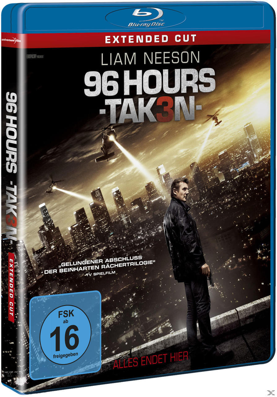 Filmcover von "96 Hours - Taken 3". Liam Neeson steht auf einem Dach mit Hubschraubern im Hintergrund.