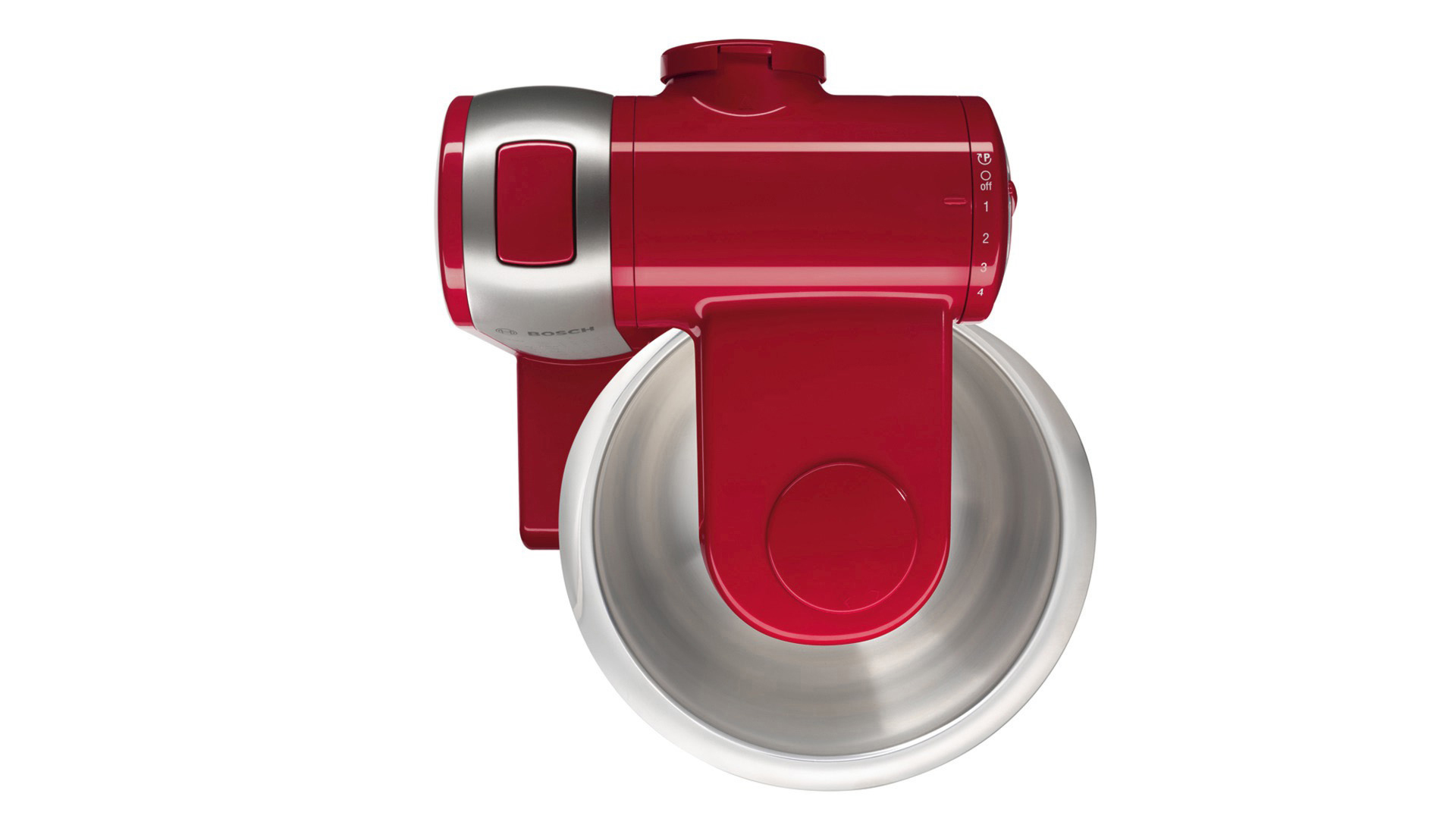 Roter Küchenmixer mit Edelstahlschüssel. Geschwindigkeitseinstellungen an der Seite.