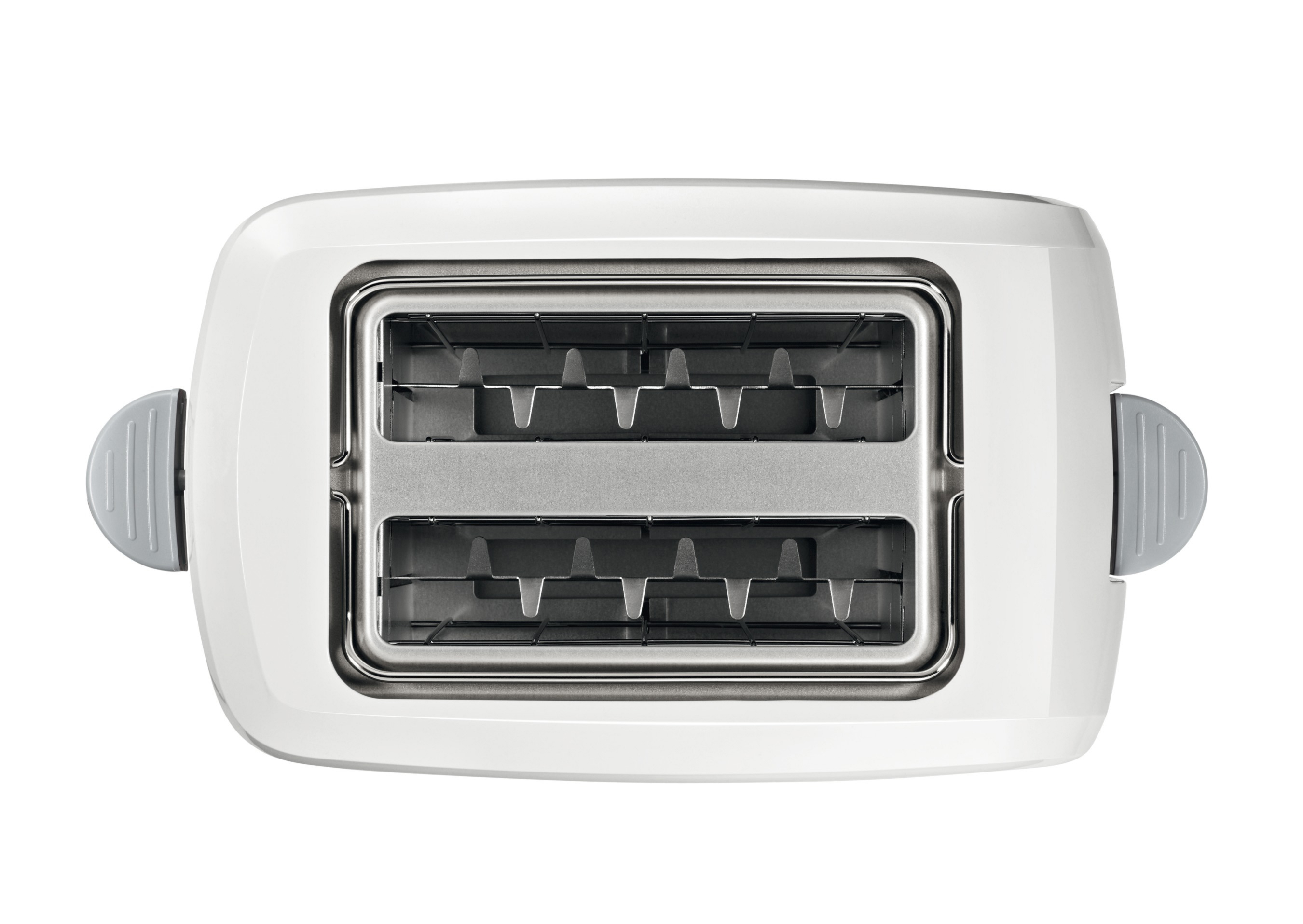 Ein weißer Toaster, Draufsicht, mit zwei Schlitzen. Er hat graue Hebel an den Seiten und Metallteile innen.