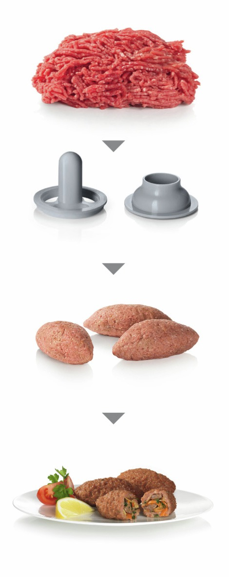 Stufen der Essenszubereitung: Hackfleisch, Formwerkzeug, geformtes Fleisch und gekochtes Essen auf einem Teller.