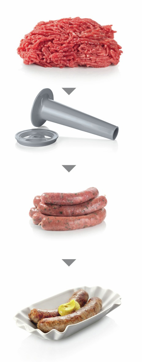 Schritte der Wurstherstellung: Hackfleisch, Wurstmacherwerkzeug, Würste und gegrillte Würste.