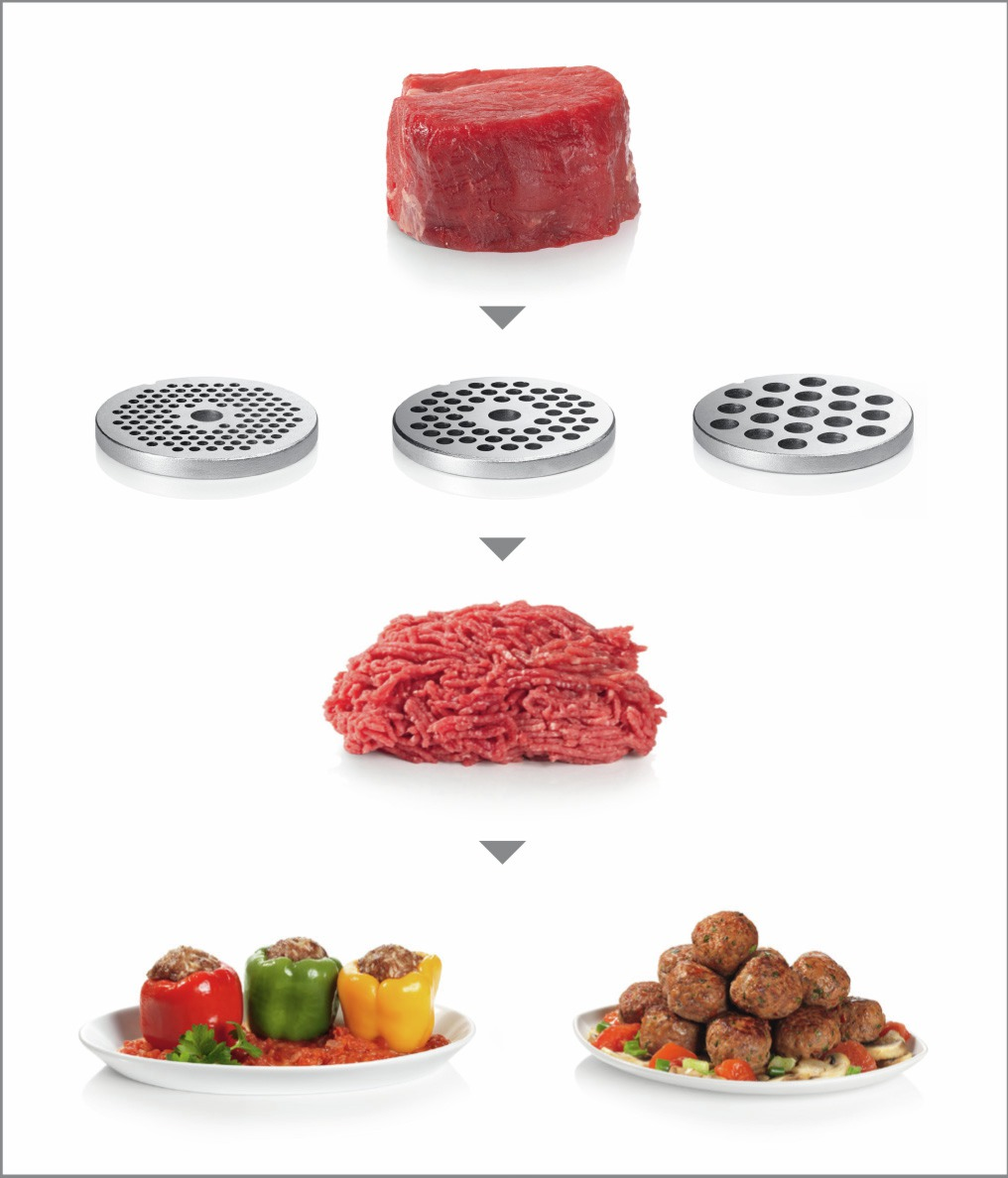 Fleischzubereitung: rohes Fleisch, Mahlwerkplatten, Hackfleisch, gefüllte Paprika und Fleischbällchen auf Tellern.