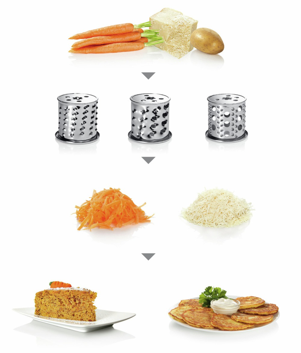 Eine Sequenz, die zeigt, wie Karotten, Kartoffeln und Käse in verschiedene Formen gerieben werden. Das Ergebnis ist Essen.