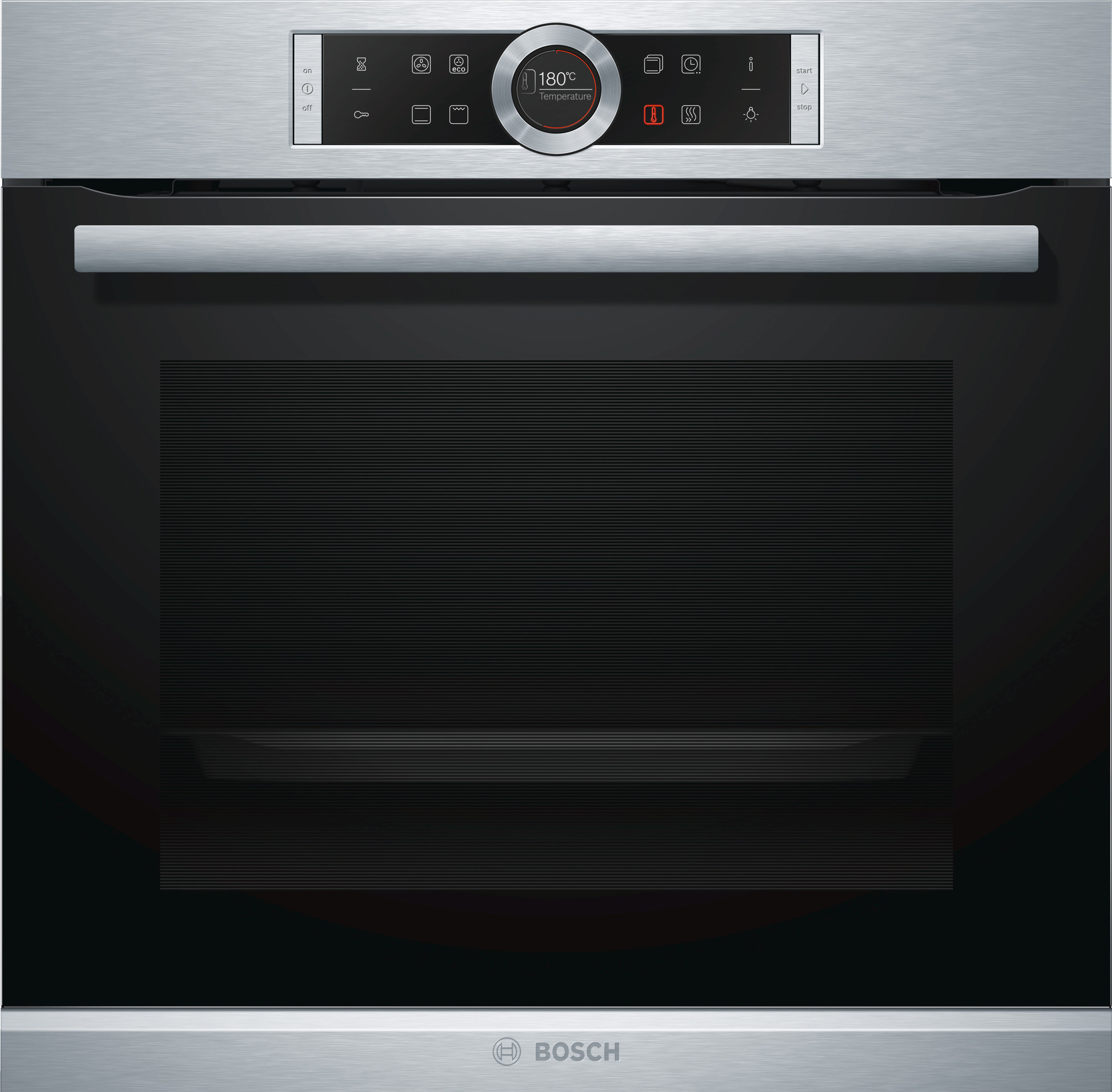 Silberner und schwarzer Einbaubackofen mit digitaler Anzeige 180 Grad Celsius.