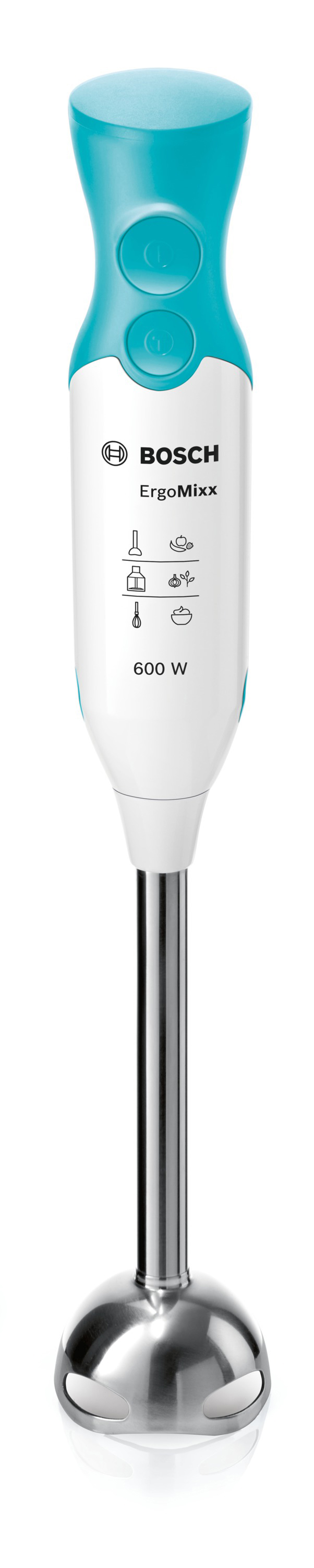 Weißer und türkisfarbener Stabmixer mit BOSCH-Logo.