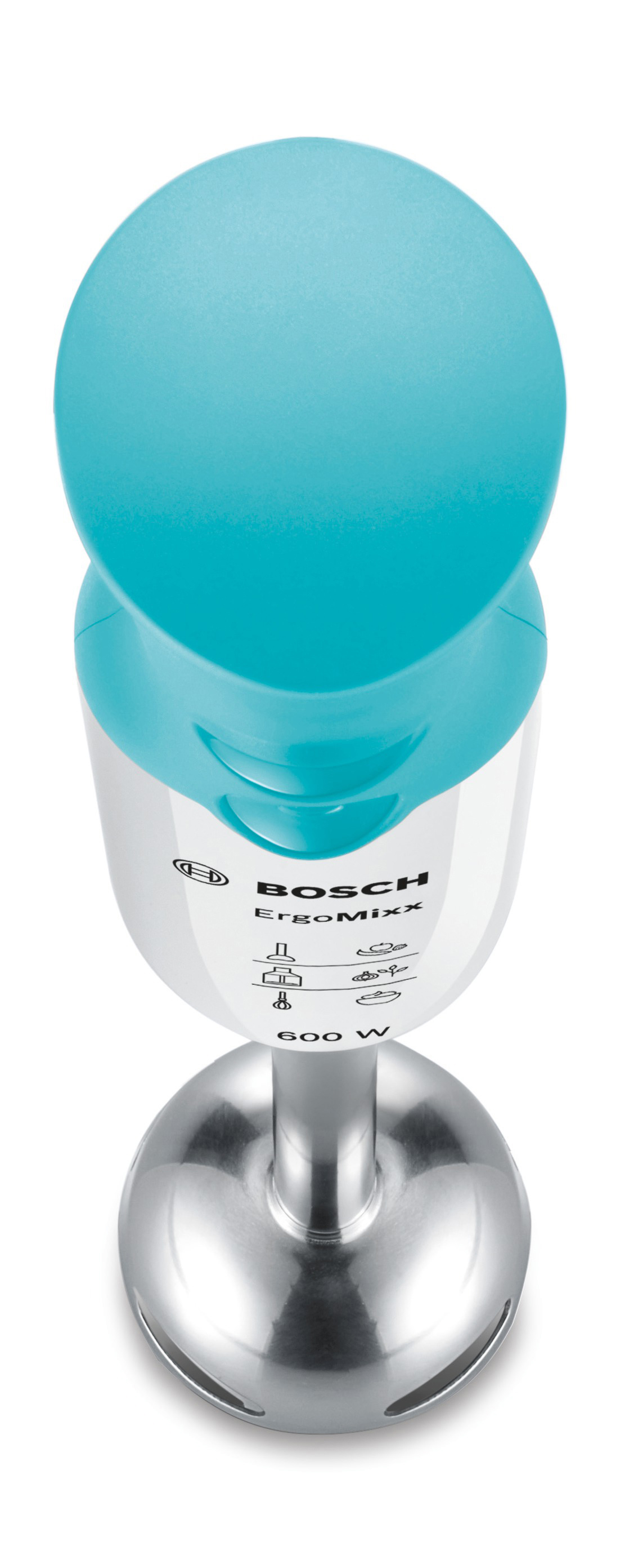 Weißer und blauer Handmixer mit Bosch-Logo. Er steht auf einem metallischen Sockel.
