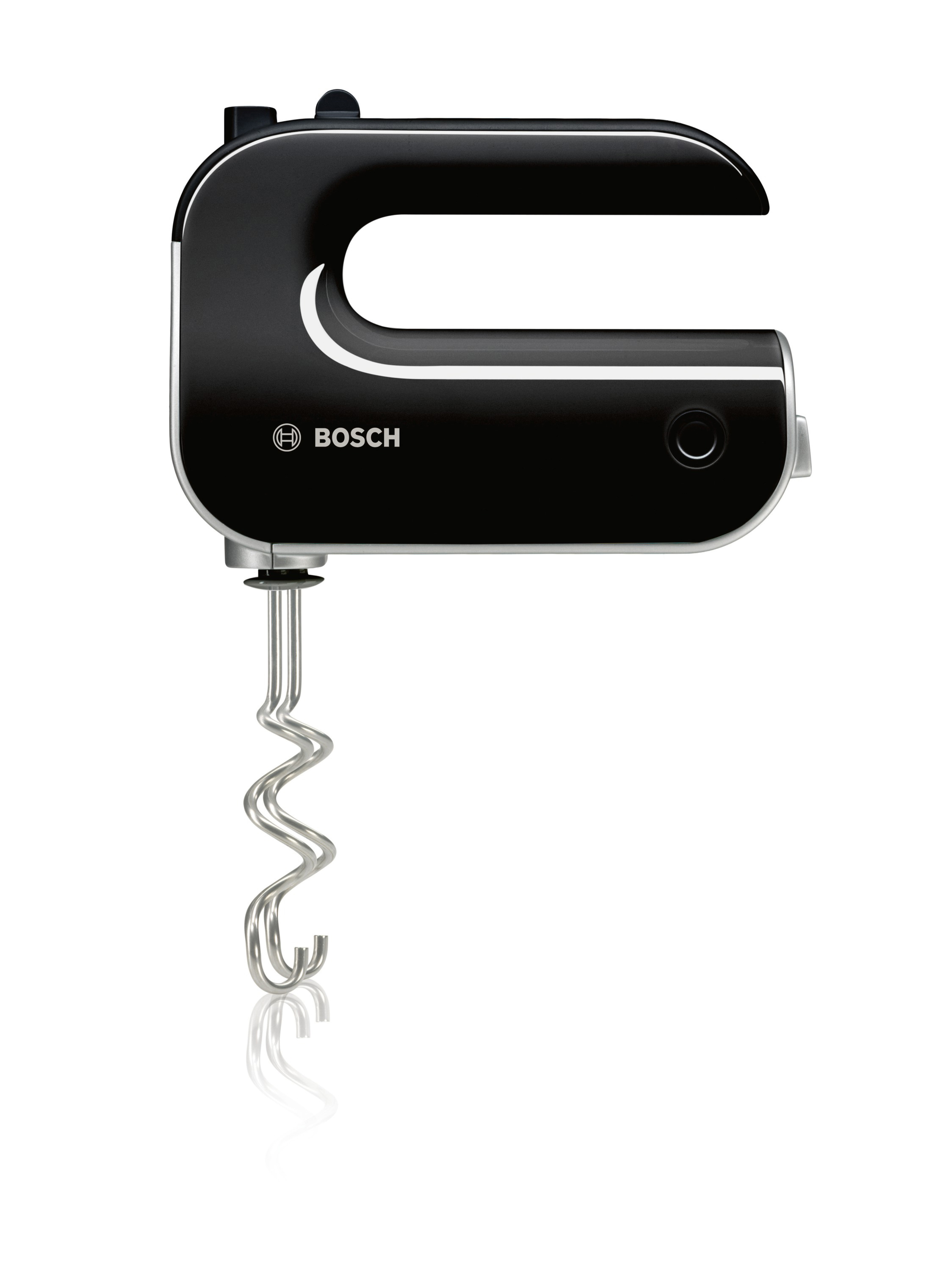 Schwarzer Handmixer mit Bosch-Logo. Der Metall-Mixaufsatz ist unten sichtbar.
