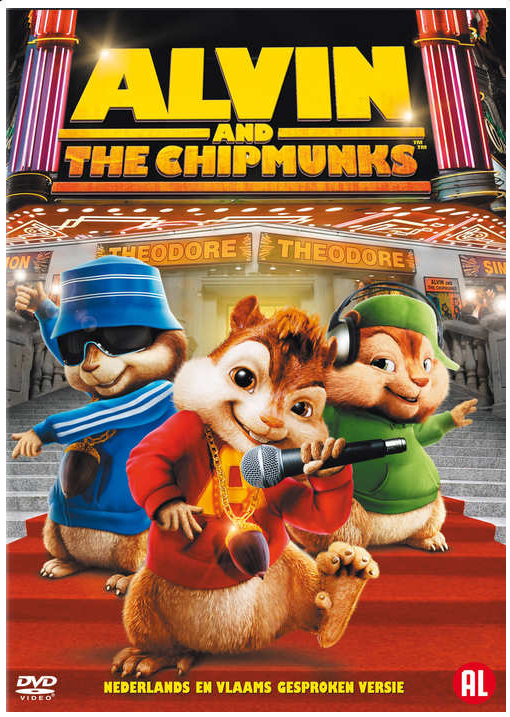 Pochette du DVD Alvin et les Chipmunks. Chipmunks chantant sur une scène, avec texte en néerlandais et flamand.