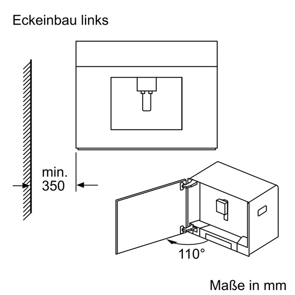 Diagramm eines Küchenschranks mit eingebautem Gerät. Zeigt Abmessungen, eine offene Tür und einen 110-Grad-Winkel. Text auf Deutsch.