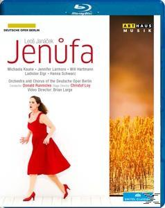 Blu-ray-Disc-Cover für die Oper Jenufa mit einer Frau in einem roten Kleid.