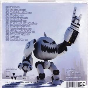 CD-Rückseite mit Roboter, Trackliste und Albumdetails auf grauem Hintergrund.