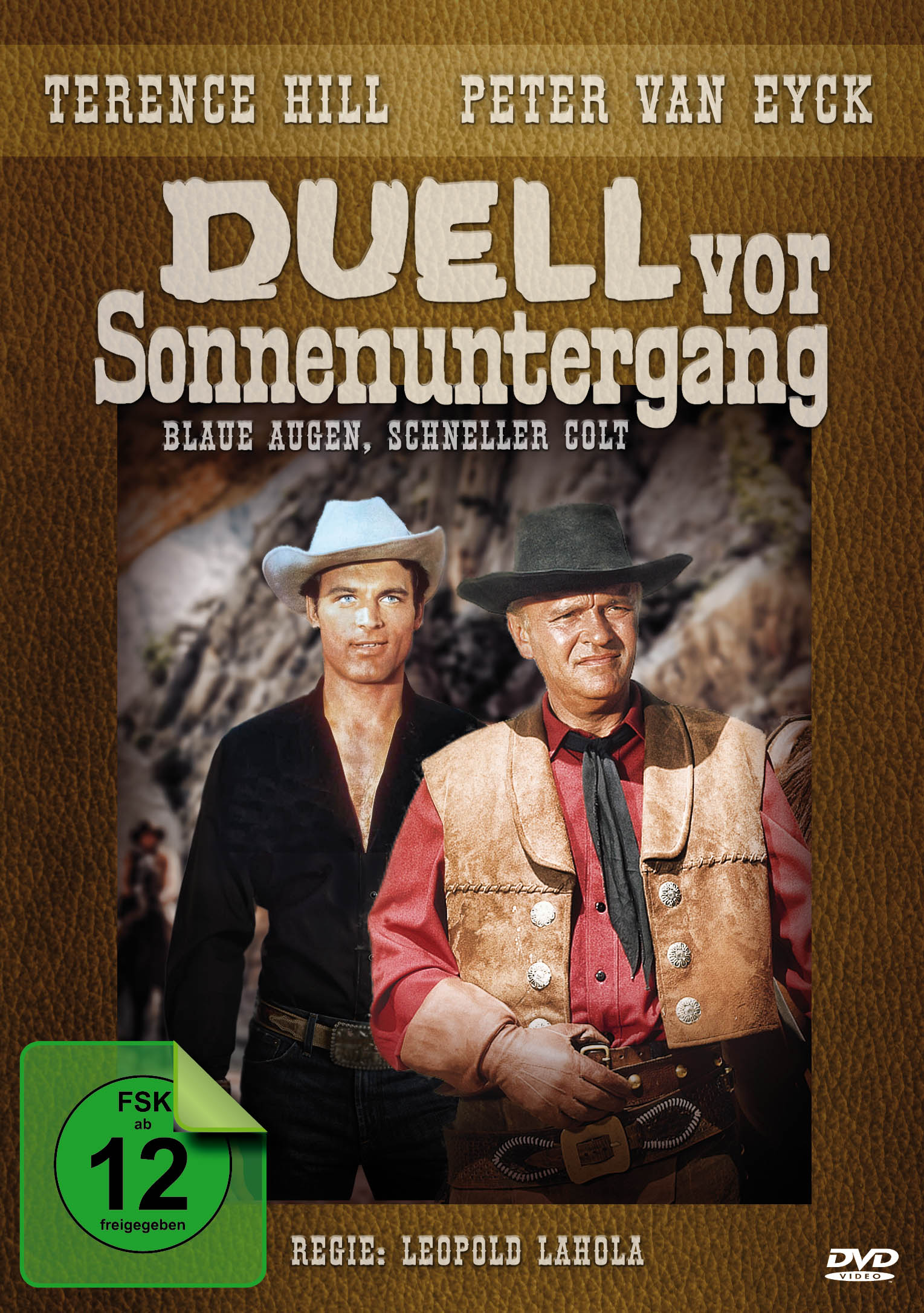Filmplakat mit zwei Männern in Cowboyhüten, einer in einer roten Weste, vor braunem Hintergrund.