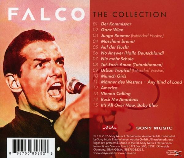 Album-Rückseite mit Falco, der in ein Mikrofon singt. Trackliste rechts, roter Hintergrund.