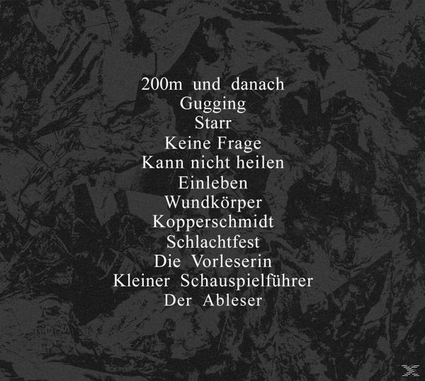 Albumcover mit deutschem Text, der Songtitel auf dunklem, strukturiertem Hintergrund auflistet.