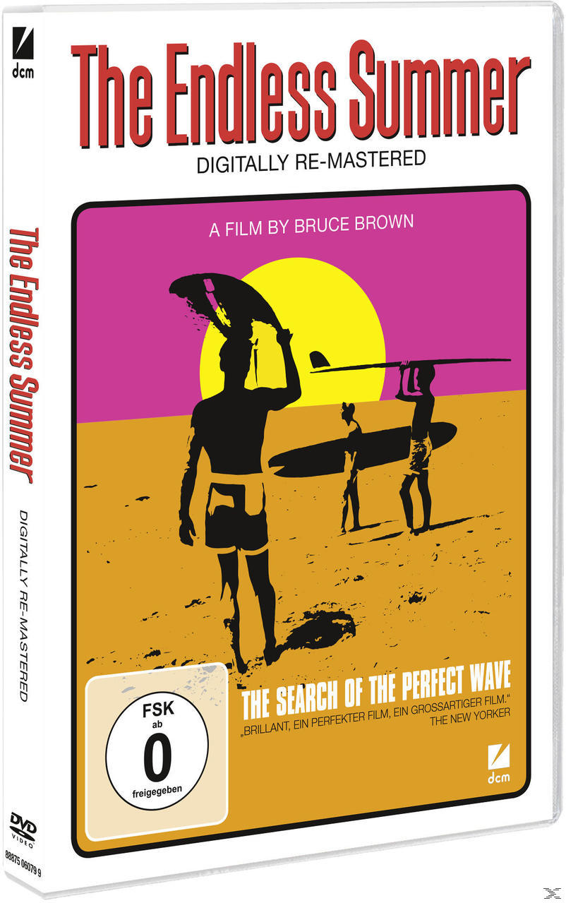 The Endless Summer DVD-Cover. Silhouetten von Surfern am Strand mit pink-gelbem Hintergrund.