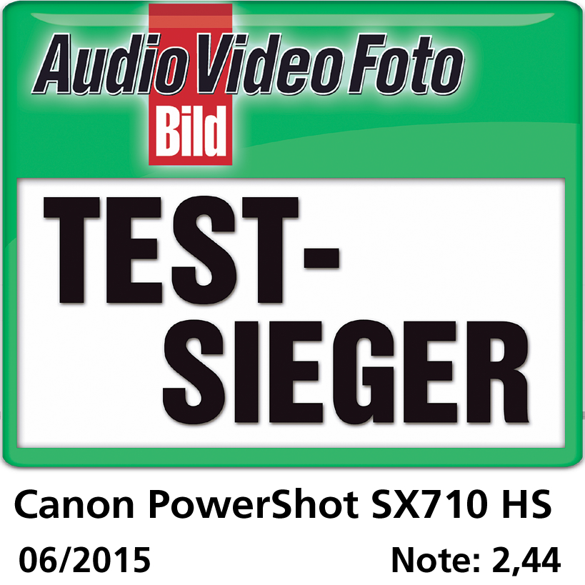 Grüne und weiße Grafik mit "TEST-SIEGER" in schwarzen Buchstaben. Canon PowerShot SX710 HS, 06/2015, Note: 2,44.