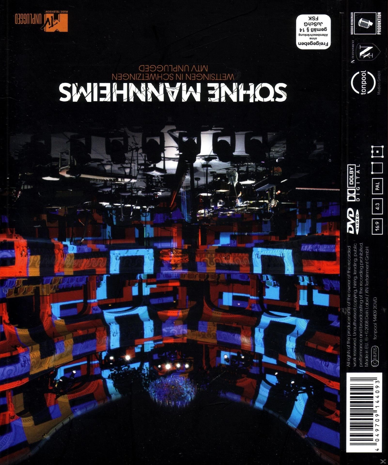 DVD-Cover mit einer Live-Band. Der Titel: Söhne Mannheims MTV Unplugged. Dunkle Bühne mit farbigen Lichtern.