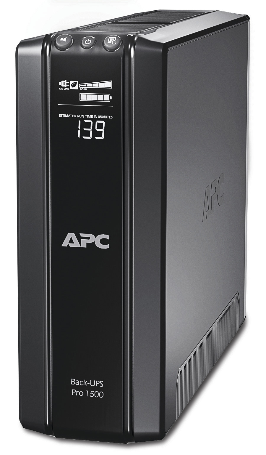 Schwarze APC Back-UPS Pro 1500. Sie hat einen Bildschirm, der Laufzeit in Minuten und andere Infos zeigt.
