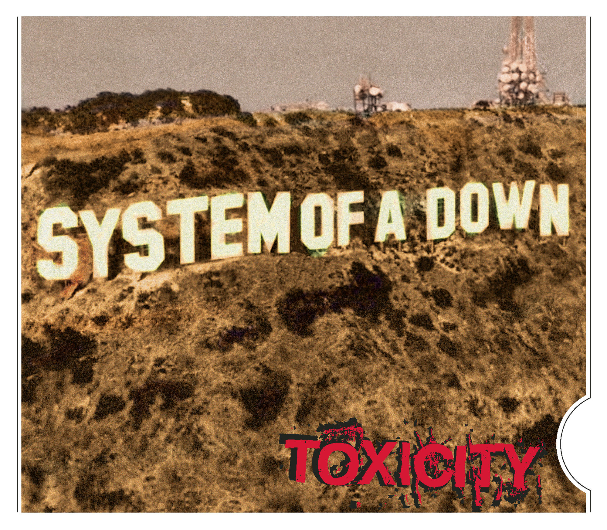 Albumcover mit 'System of a Down' und 'Toxicity' auf einem Hügel.