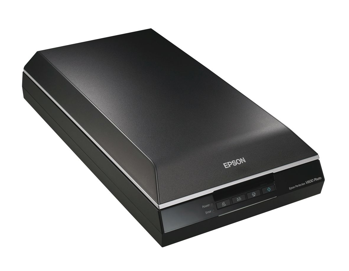 Schwarzer Epson-Scanner. Draufsicht mit weißem Hintergrund.