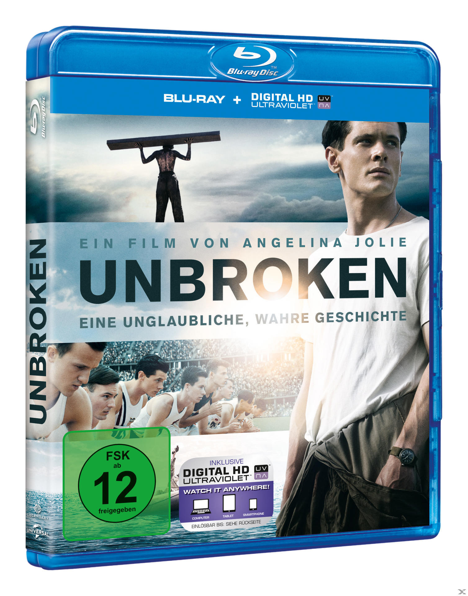 Unbroken Blu-ray Disc Hülle. Das Filmposter zeigt einen Mann und Athleten. Blaue Hülle mit FSK-Logo.