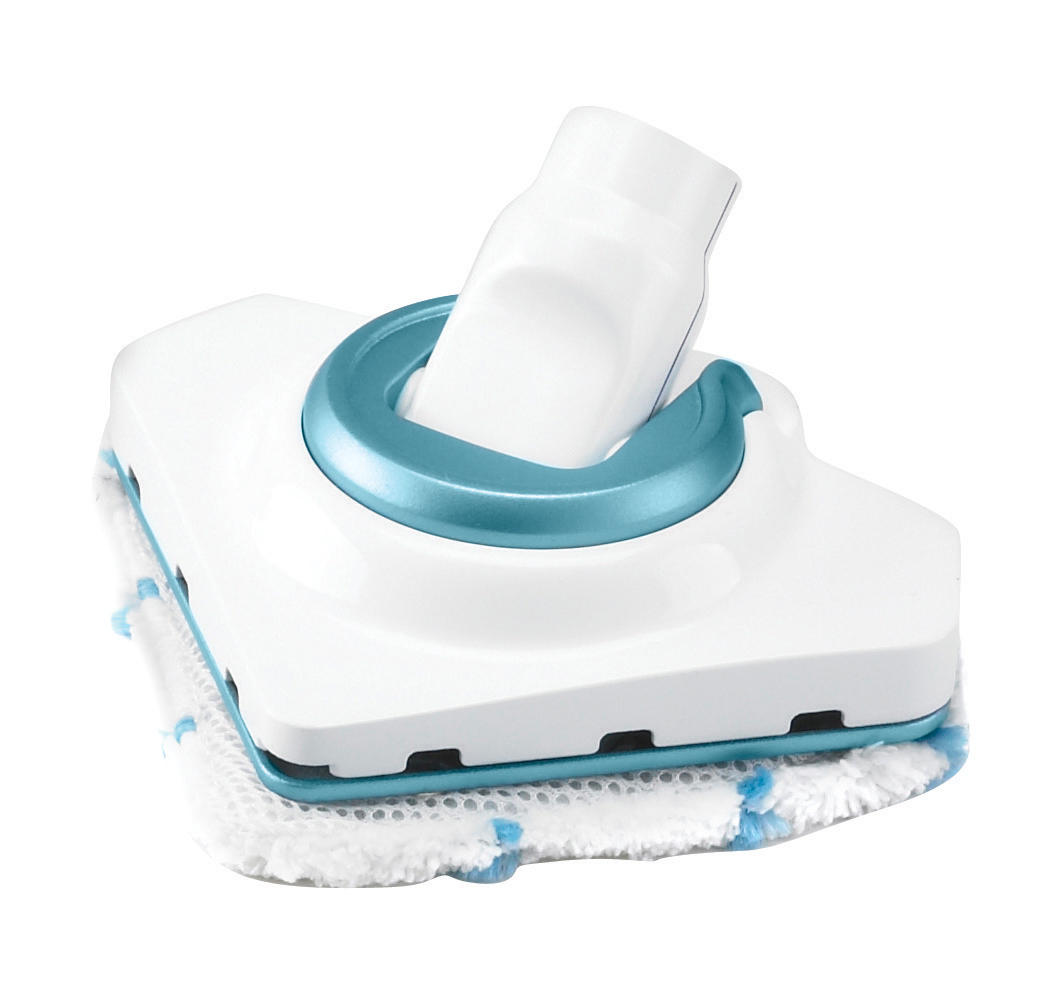 Witte en blauwe reinigingskop voor een stoomreiniger. Het staat op een witte achtergrond.