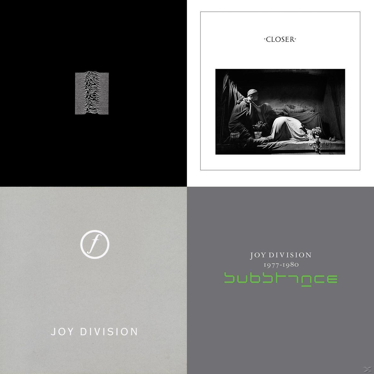 Albumcover mit Joy Division-Alben: 'Closer', 'Substance' und ein schwarzes Cover mit weißer Grafik.