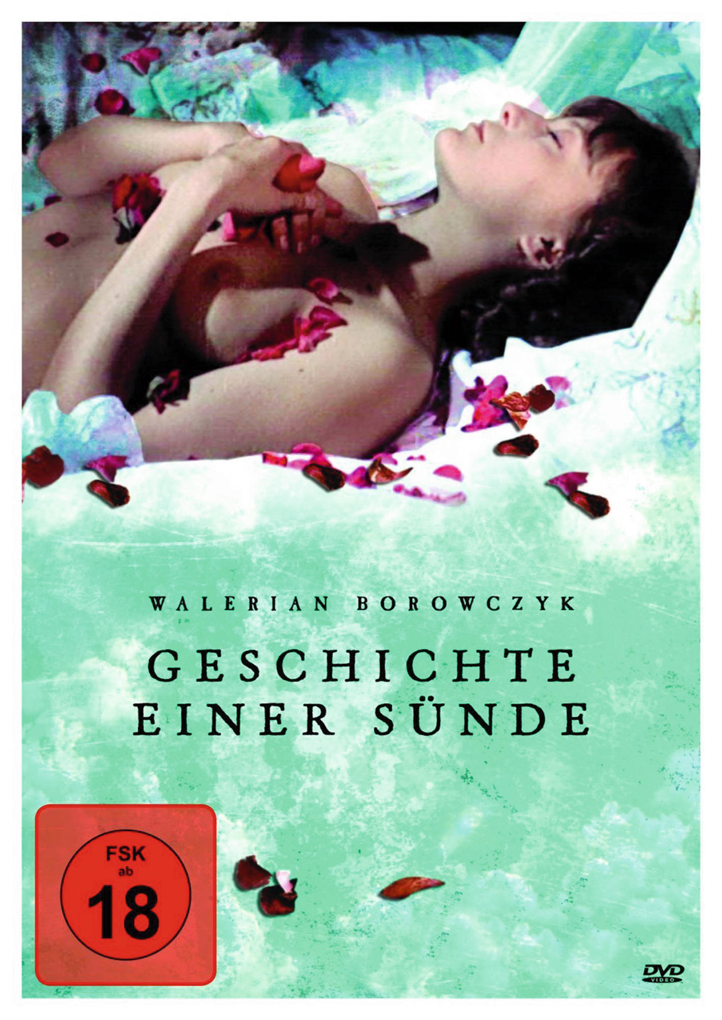 Ein DVD-Cover mit einer Frau, die in einem Bett liegt und mit Rosenblättern bedeckt ist, in einem rot, schwarz und weiß Cover.