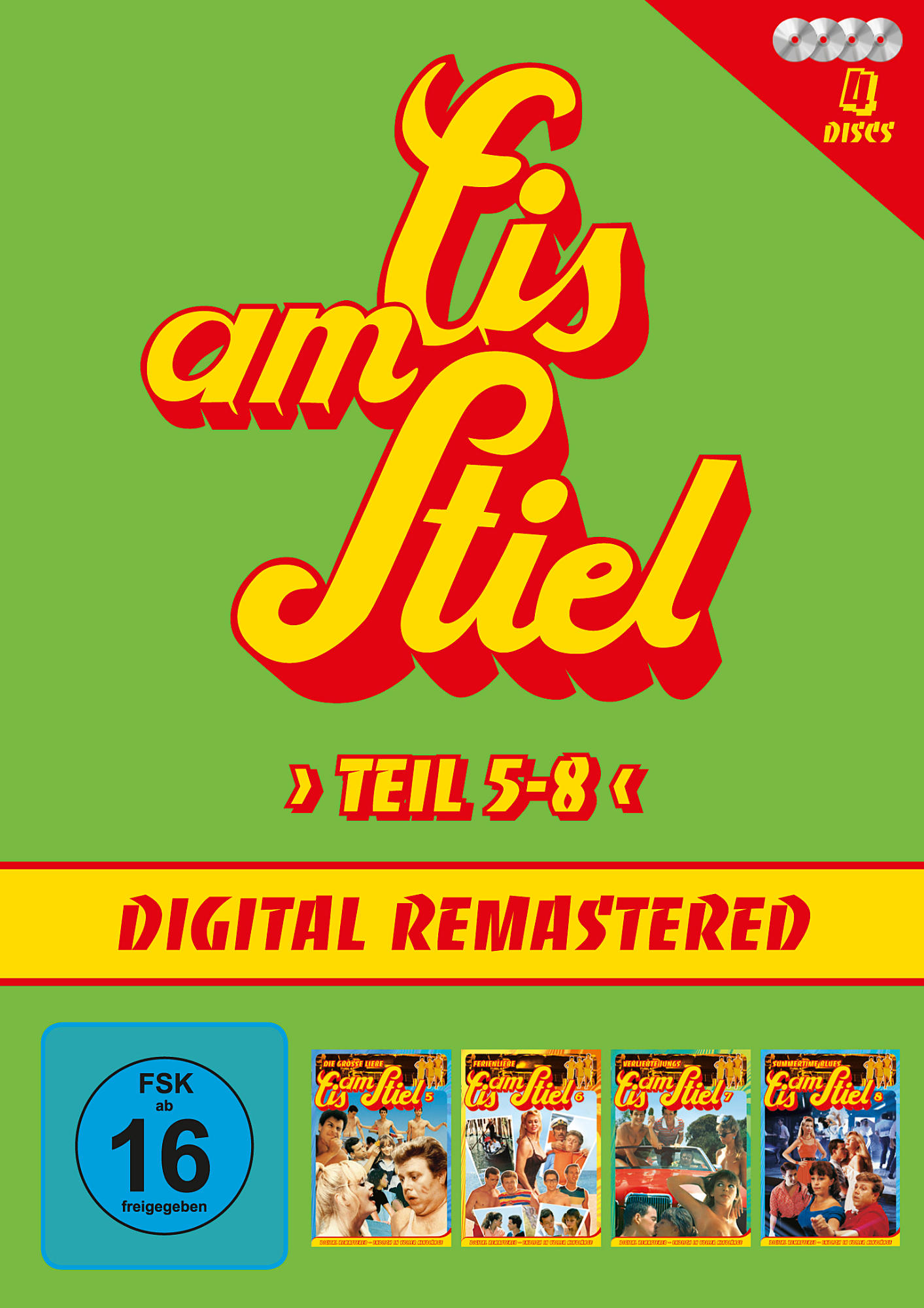 DVD-Hülle. Grüner Hintergrund mit Text: Eis am Stiel. Vier DVD-Discs.