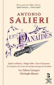 Buchcover für Antonio Salieris Oper 'Les Danaïdes' mit einem Dolchbild und Text auf cremefarbenem Hintergrund.