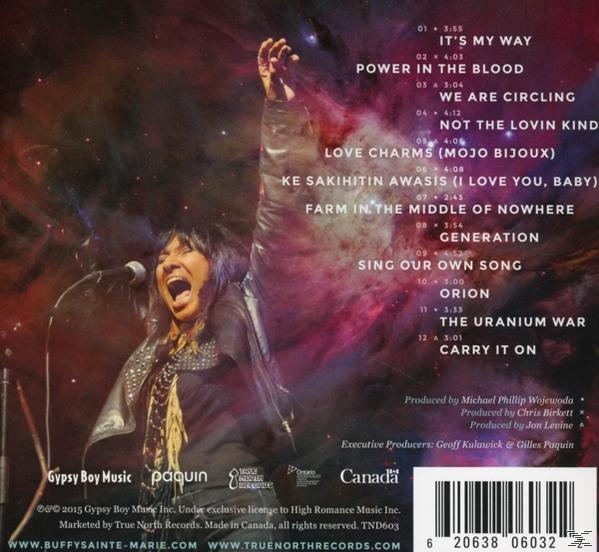 CD-Rückseite mit Titelliste, Gesicht der Sängerin und Produktionsdetails.