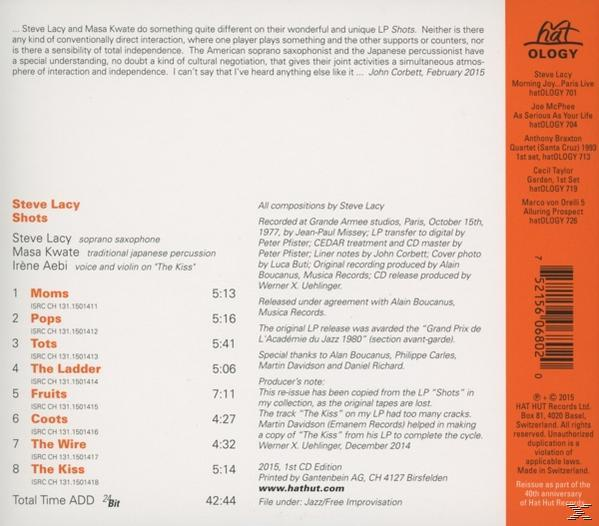 Text auf einem Schallplattencover von Steve Lacy, Shots. Informationen über das Album sind aufgelistet.