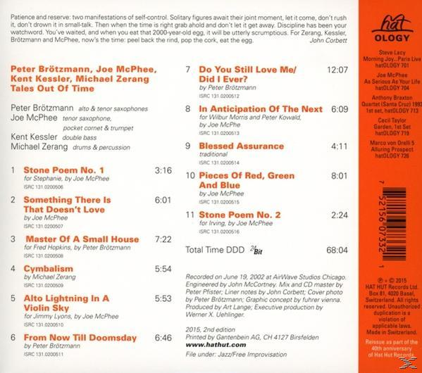 Albumrückseite mit Text, der Songs und Credits auflistet, mit einem roten und beigen Farbschema.