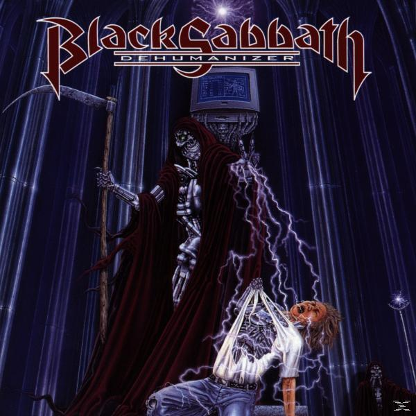 Albumcover. Skelettfigur mit Sense, rotem Umhang und elektrischen Effekten, zieht eine Person. Black Sabbath Titel.