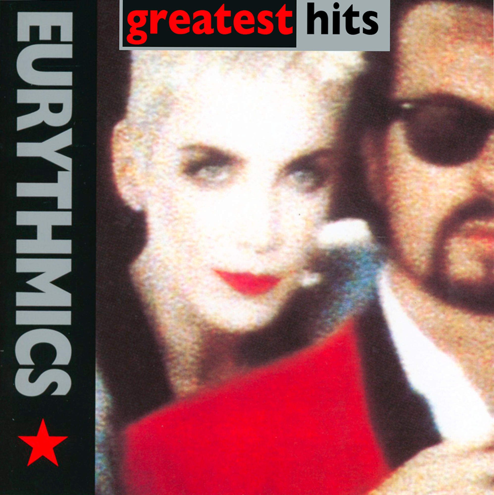Albumcover mit verschwommenen Bildern von zwei Personen. Der Text lautet 'greatest hits' und 'Eurythmics' mit einem roten Stern.