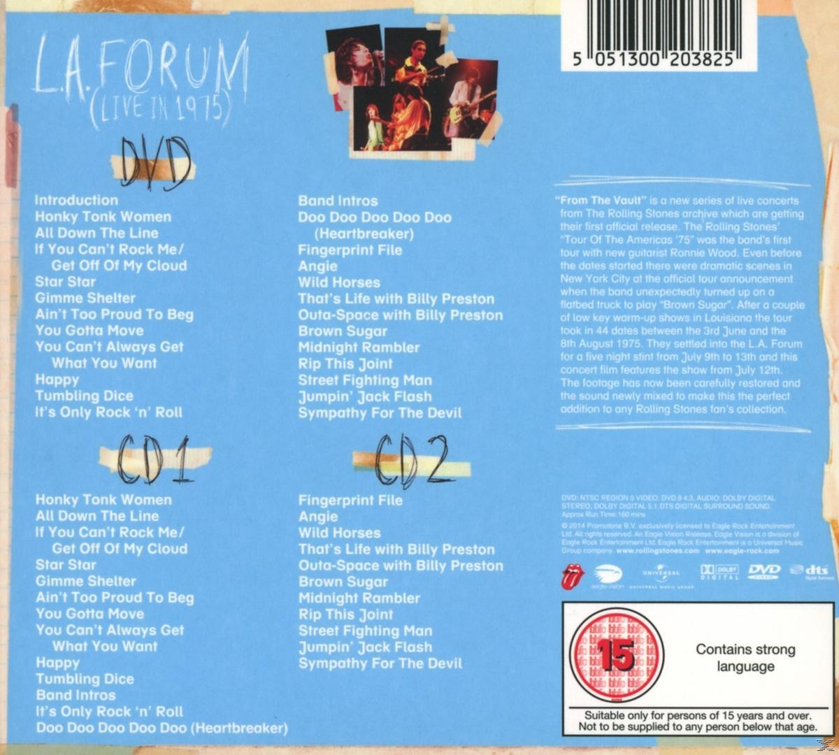 DVD-Hülle für ein Rolling Stones-Konzert. Das Cover listet Songtitel und Albumdetails auf.