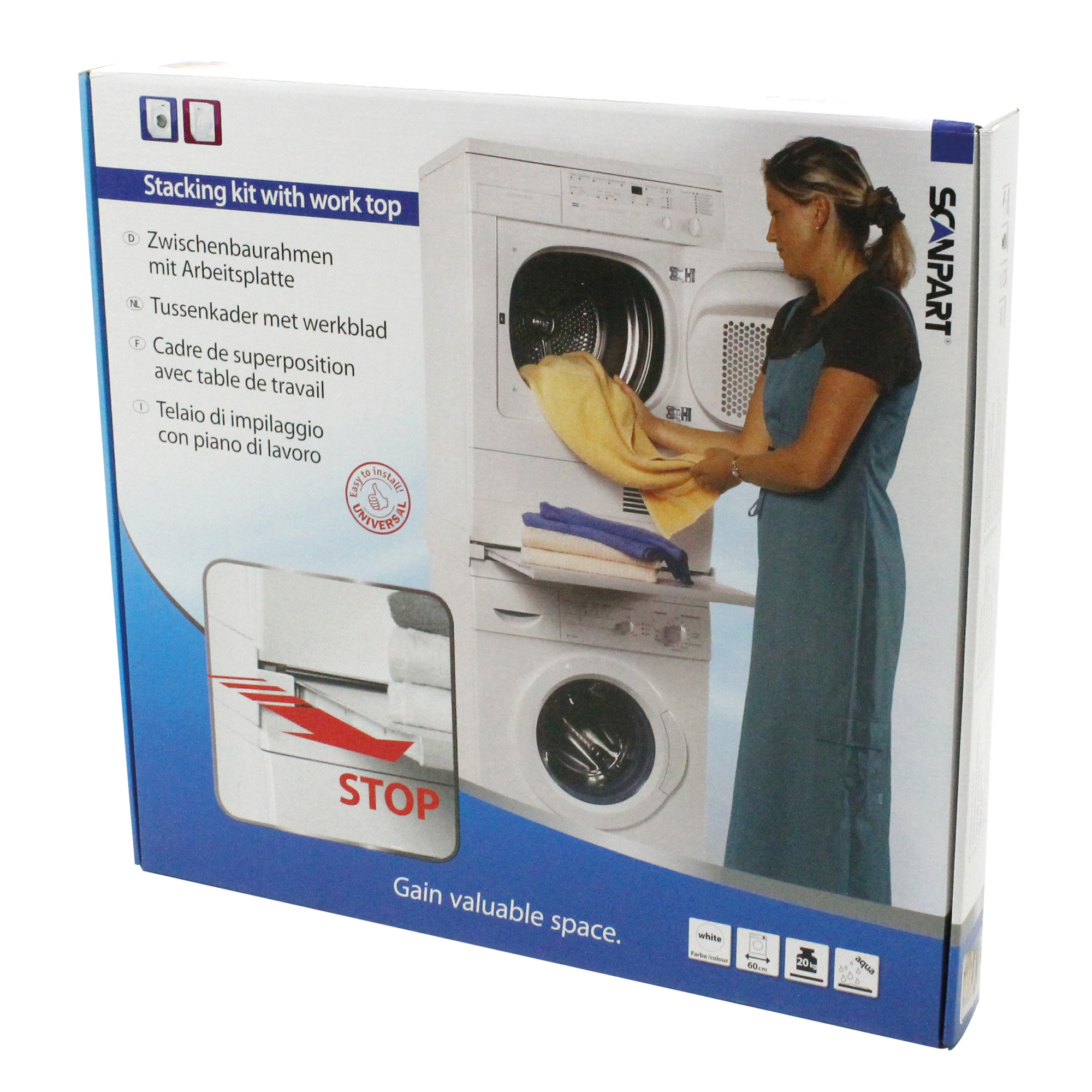 Doos met afbeeldingen van wasmachine en droger. Een vrouw legt een handdoek in de droger. Tekst in meerdere talen.