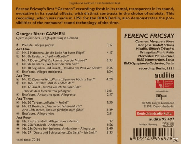 Thumbnail - Fricsay, Fricsay/riasso Klose/schock/rias/fricsay - Carmen (AZ/DT) (CD)
