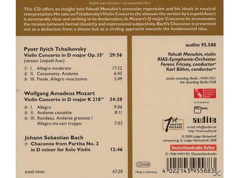 Thumbnail - Yehudi Menuhin, Menuhin,Yehudi/RIASSO/Fricsay,F./Böhm,K. - Violinkonzerte/Chaconne (CD)