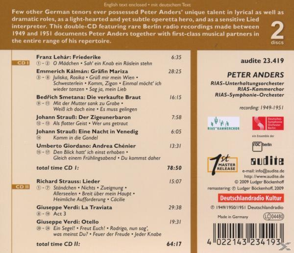 Rückseite einer Peter Anders CD. Text enthält Songtitel, Aufnahmedetails und Labelinformationen.