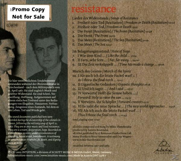 Ein CD-Cover mit Text über Widerstand und Musik, mit einem Bild eines Mannes.