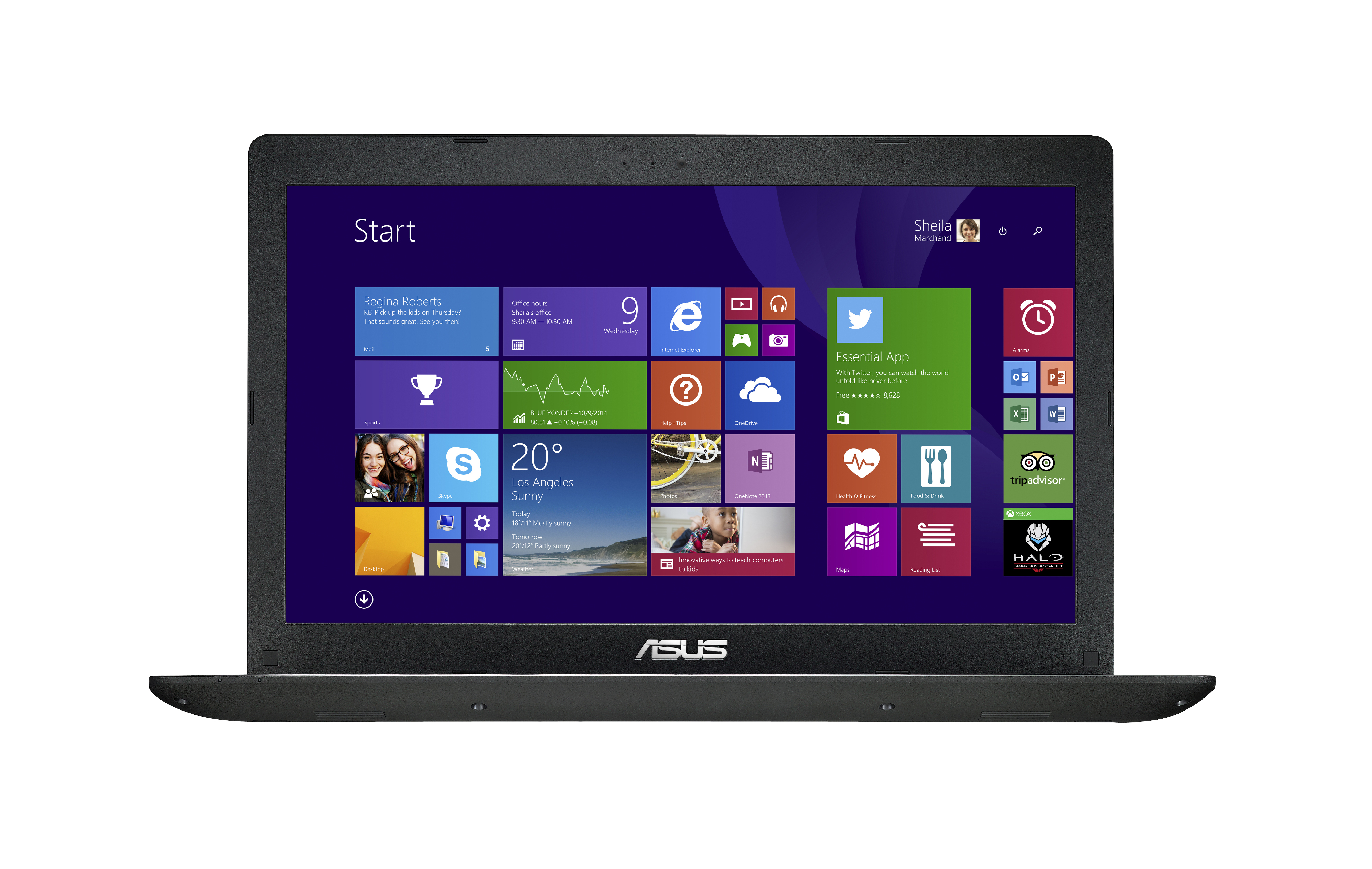 Ein schwarzer Asus-Laptop mit dem Windows 8 Startbildschirm auf dem Display vor weißem Hintergrund.
