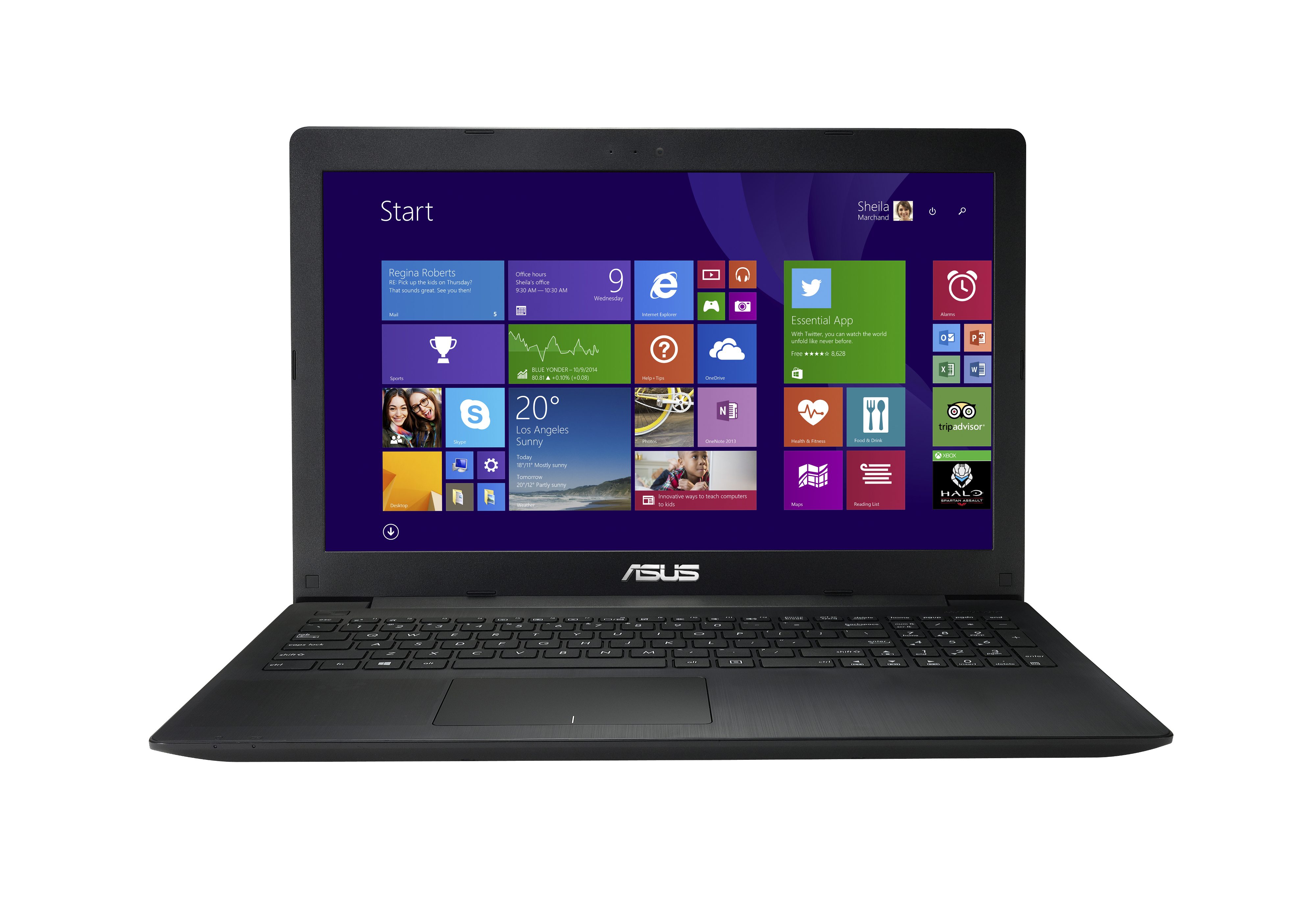 Ein schwarzer ASUS-Laptop mit Windows 8 Startbildschirm auf dem Bildschirm.