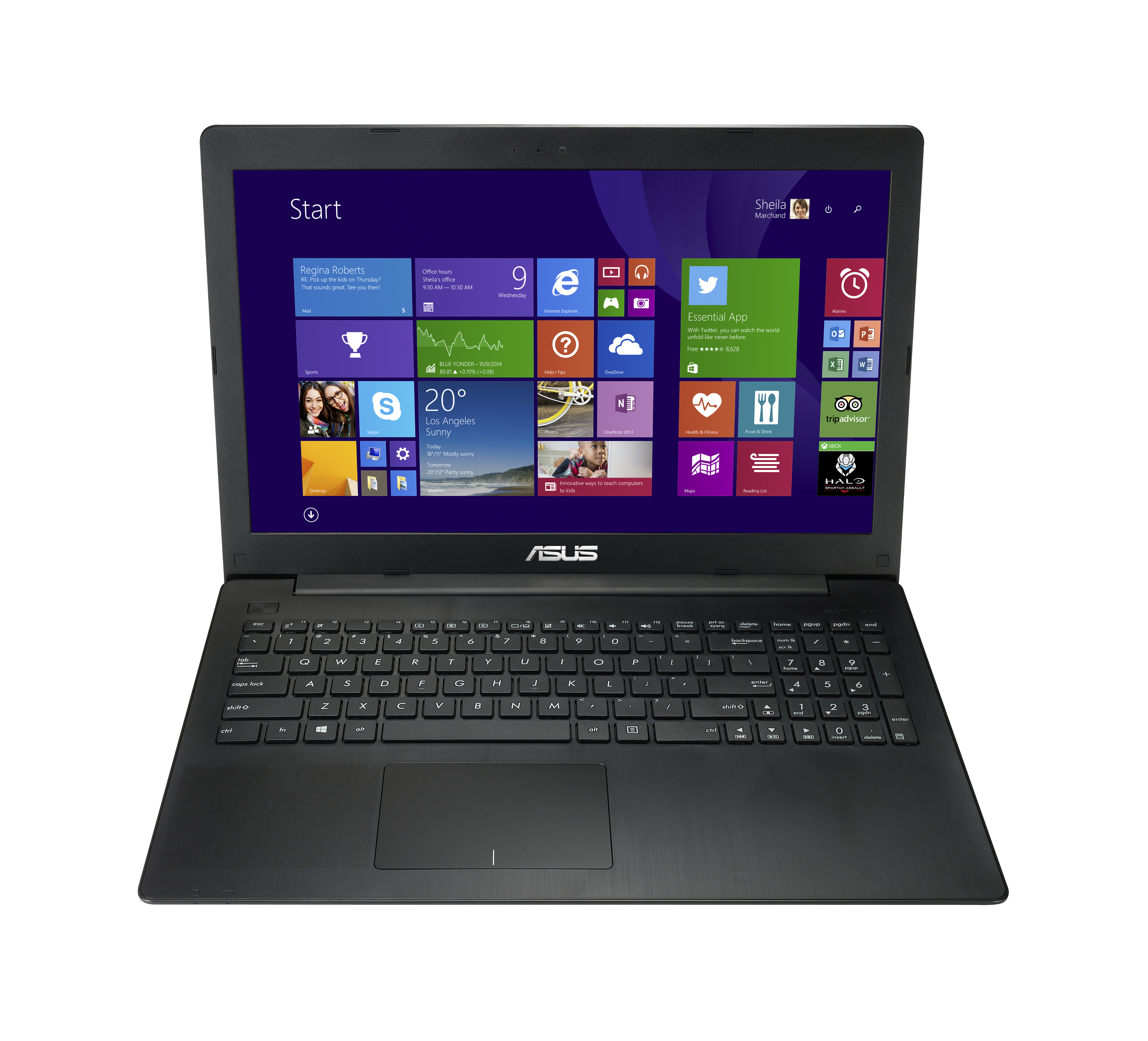 Ein schwarzer Asus-Laptop mit Windows 8 Startbildschirm auf einem weißen Hintergrund.